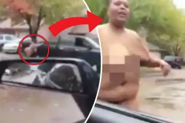 Unbelievable! Stark N*ked Woman Caught on Camera Diving Onto a Moving Truck in Broad Daylight (Video)